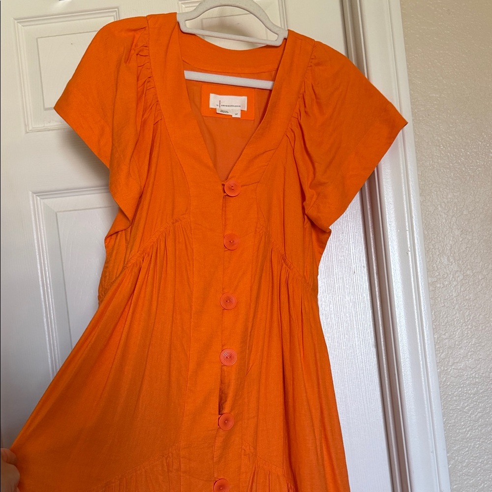 Anthropologie linen Orange Button-Front Midi Dress
